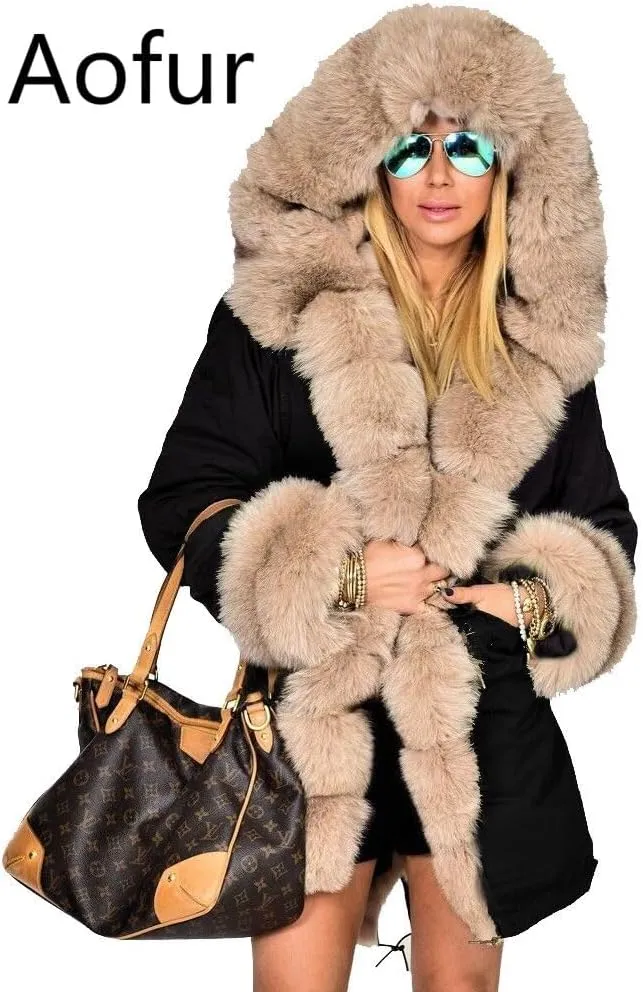 Aofur Womens Hooded Faux Fur Lined Warm Coats Parkas Anoraks Outwear Winter Long Jackets