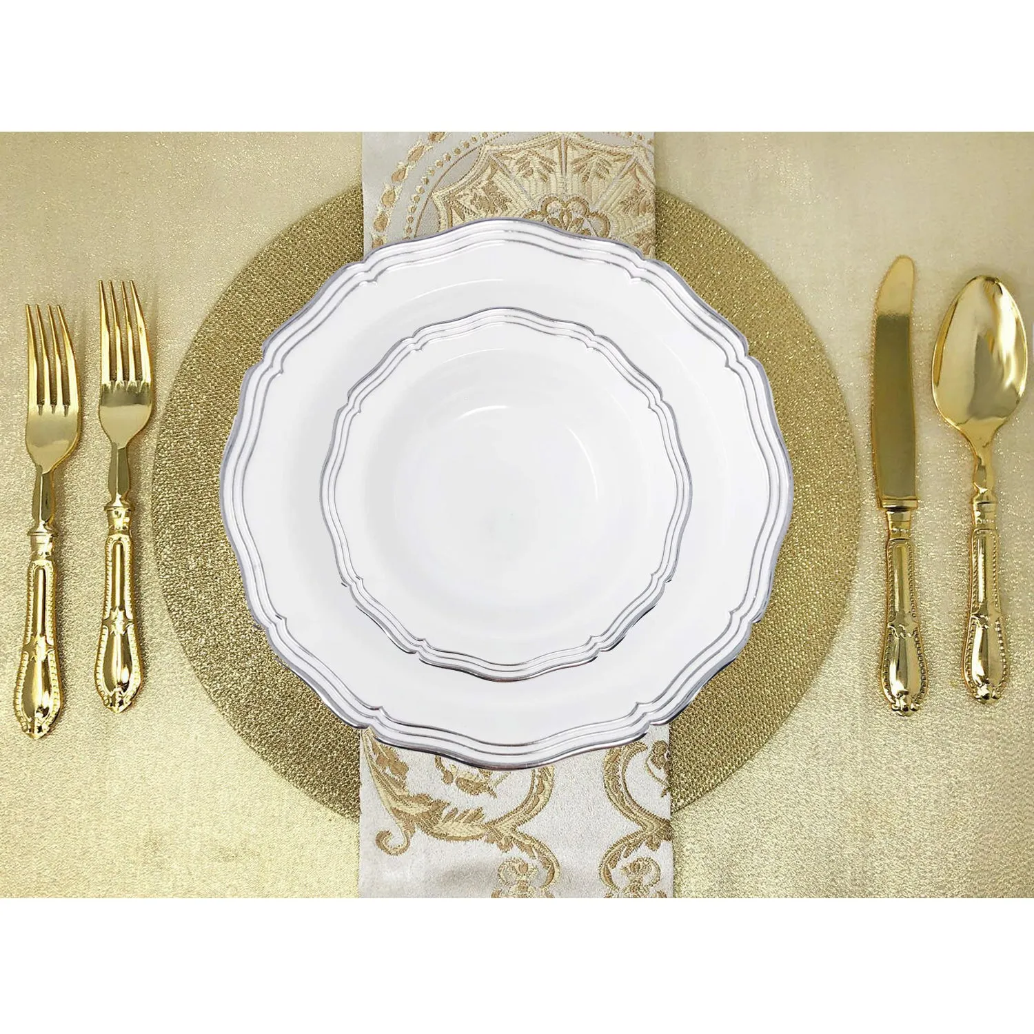 Aristocrat Collection Plastic Soup Bowls White & Silver 7.5 inches