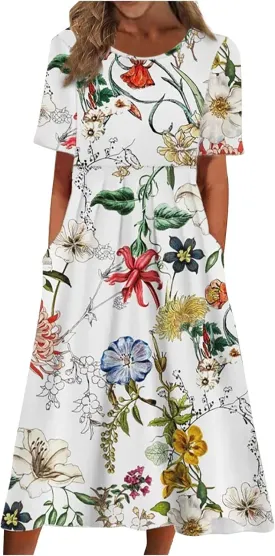 Below The Knee Short Sleeve Cover Up Ladies Dressy Classic Summer Soft Graphic Cotton Dress for Women.