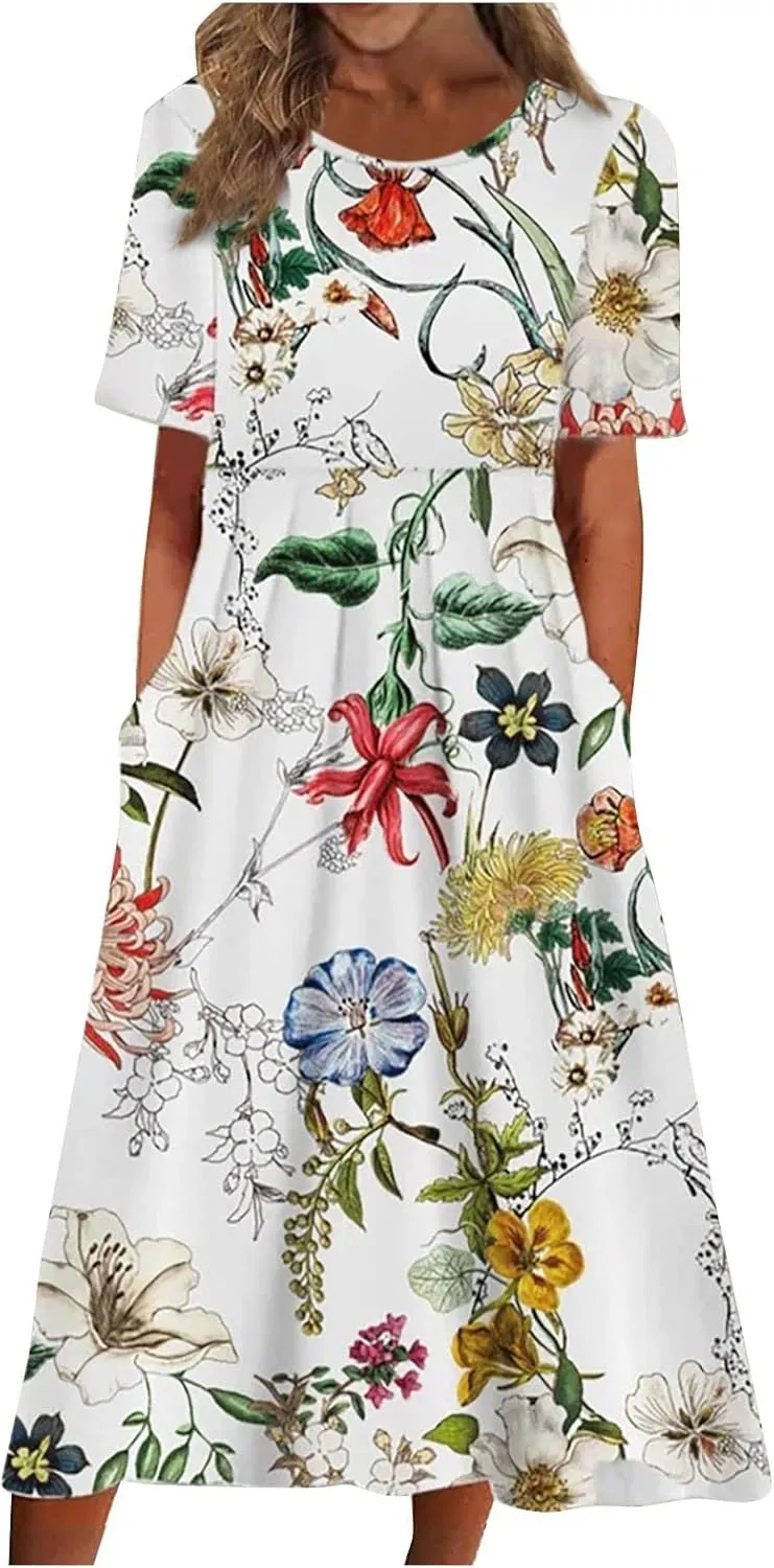 Below The Knee Short Sleeve Cover Up Ladies Dressy Classic Summer Soft Graphic Cotton Dress for Women.
