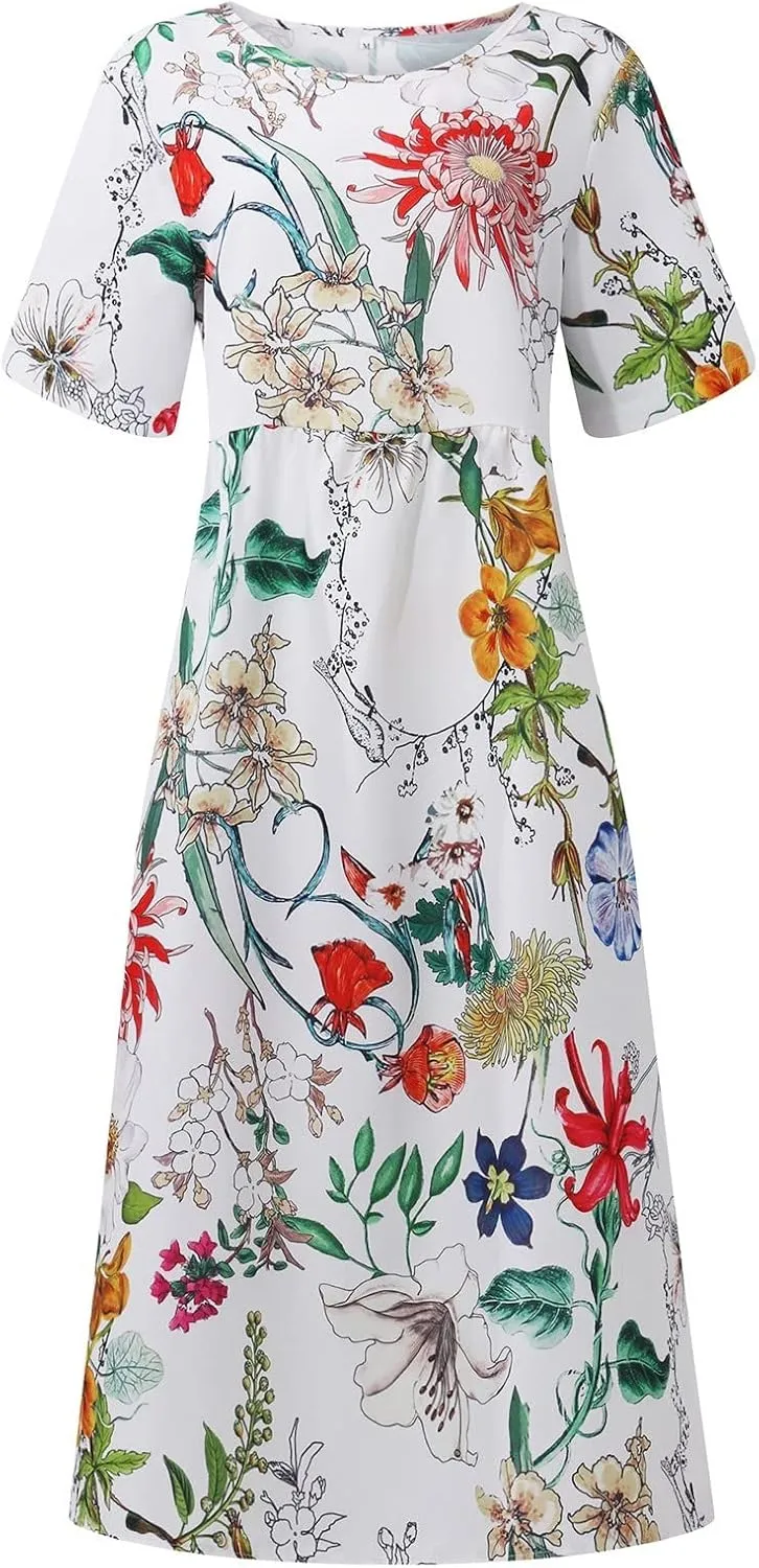 Below The Knee Short Sleeve Cover Up Ladies Dressy Classic Summer Soft Graphic Cotton Dress for Women.