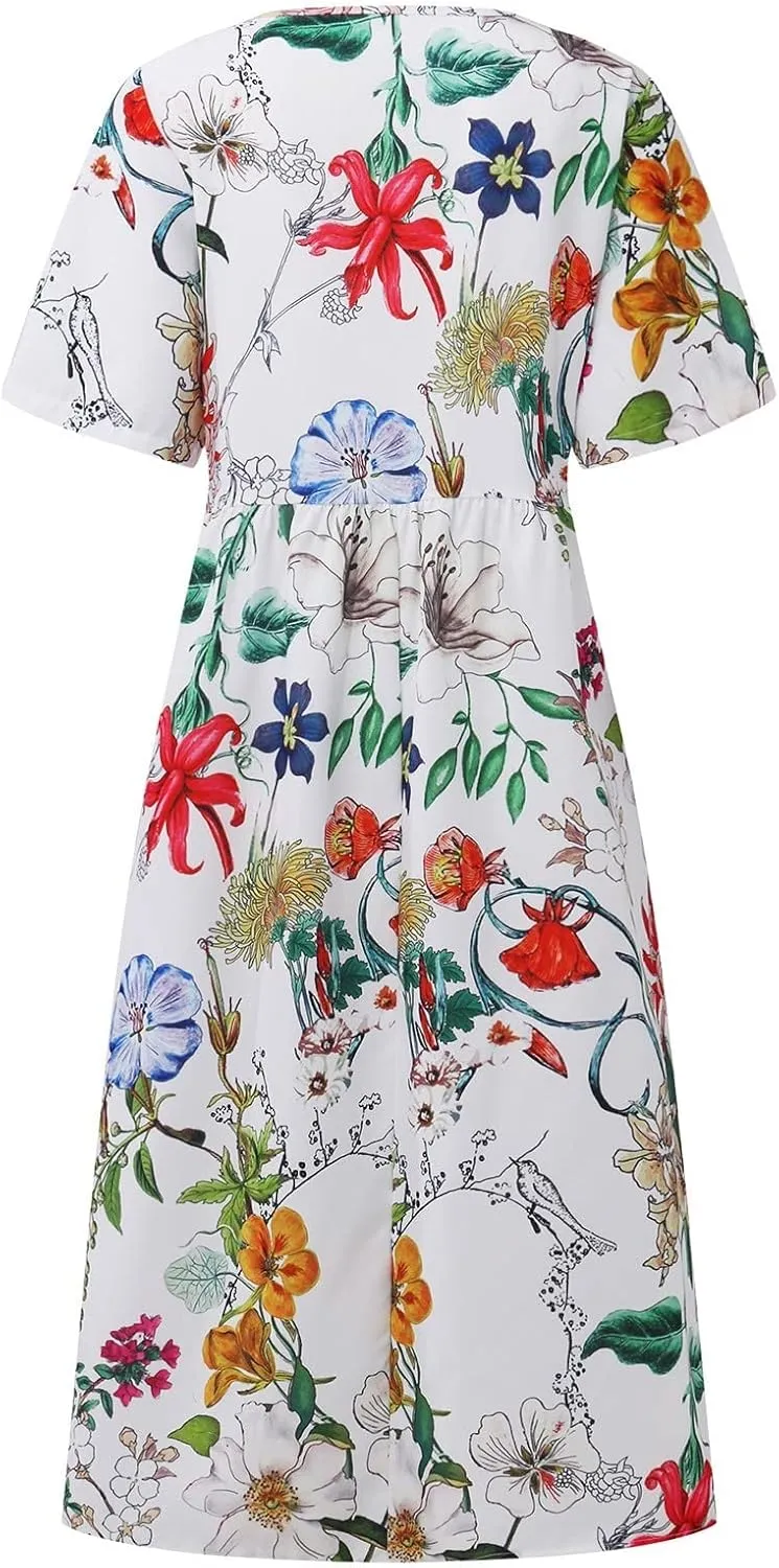 Below The Knee Short Sleeve Cover Up Ladies Dressy Classic Summer Soft Graphic Cotton Dress for Women.