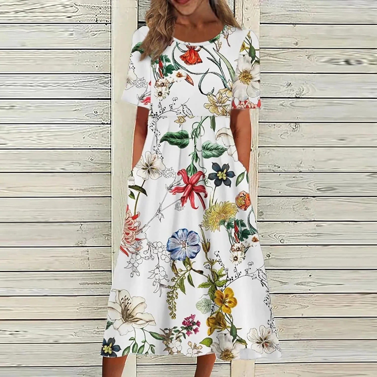 Below The Knee Short Sleeve Cover Up Ladies Dressy Classic Summer Soft Graphic Cotton Dress for Women.