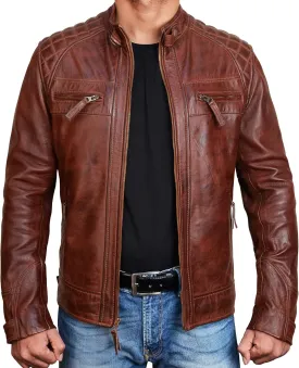 Cafe Racer Brown Leather Jacket Men - Brown Real Lambskin Leather Biker Jacket
