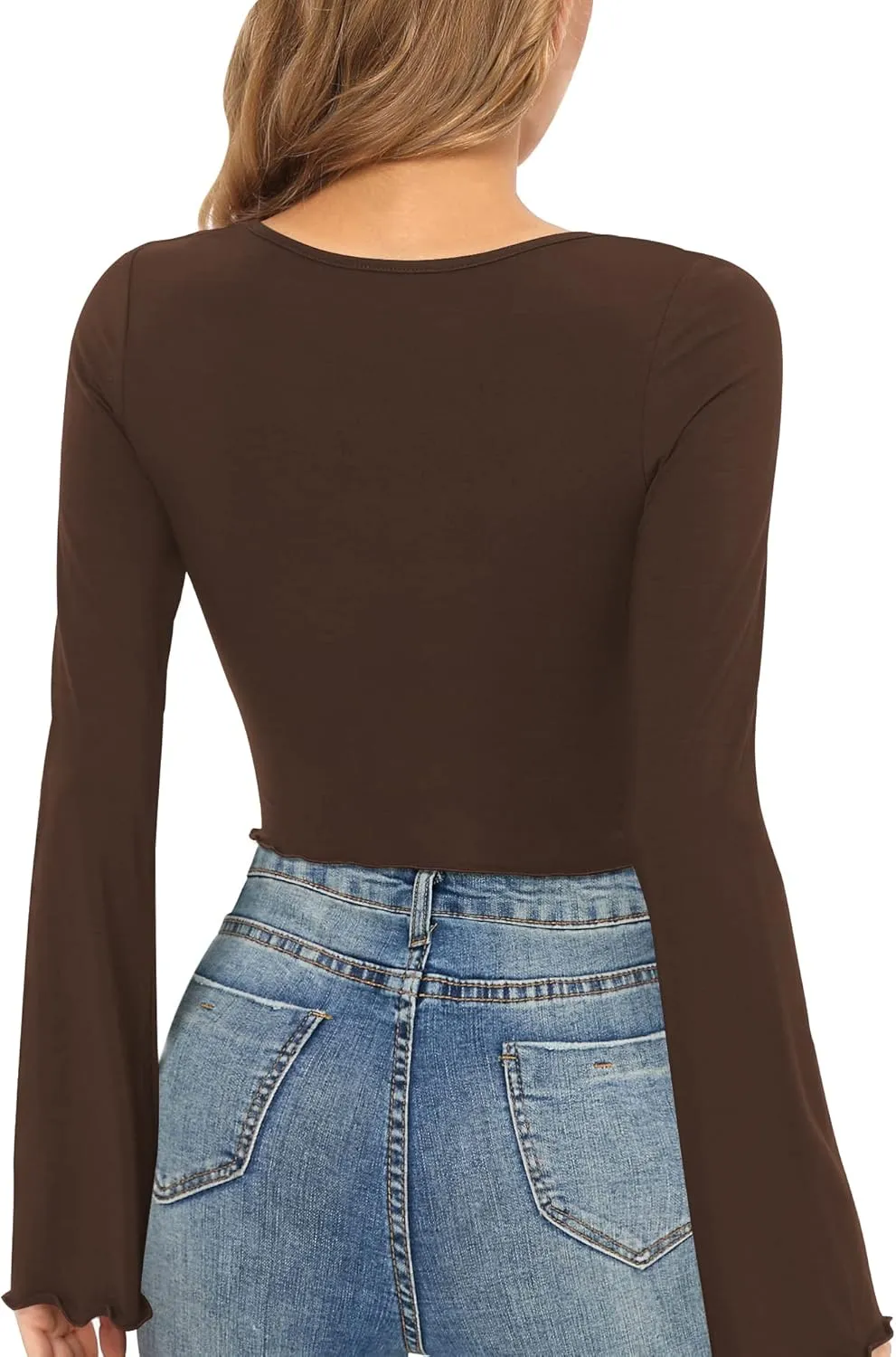 CLOZOZ Crop Tops for Women Square Neck Long Bell Sleeve Tops Lettuce Trim Crop Top Slim Fitted Blouse Sexy Tops for Women