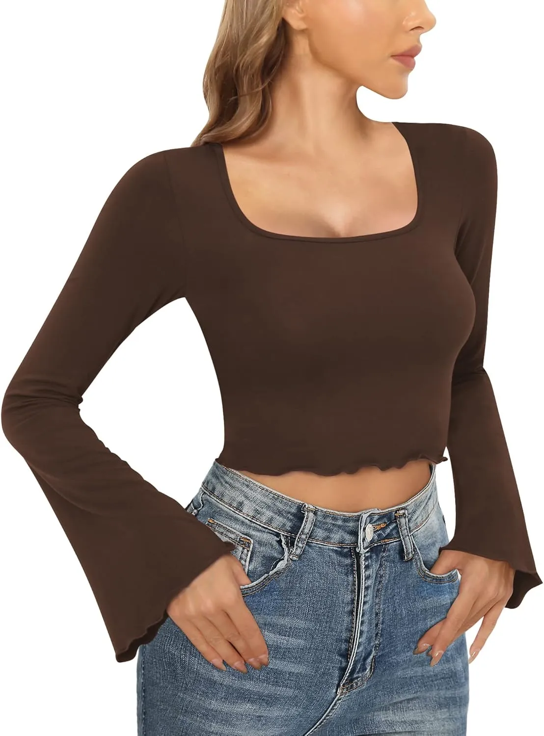 CLOZOZ Crop Tops for Women Square Neck Long Bell Sleeve Tops Lettuce Trim Crop Top Slim Fitted Blouse Sexy Tops for Women