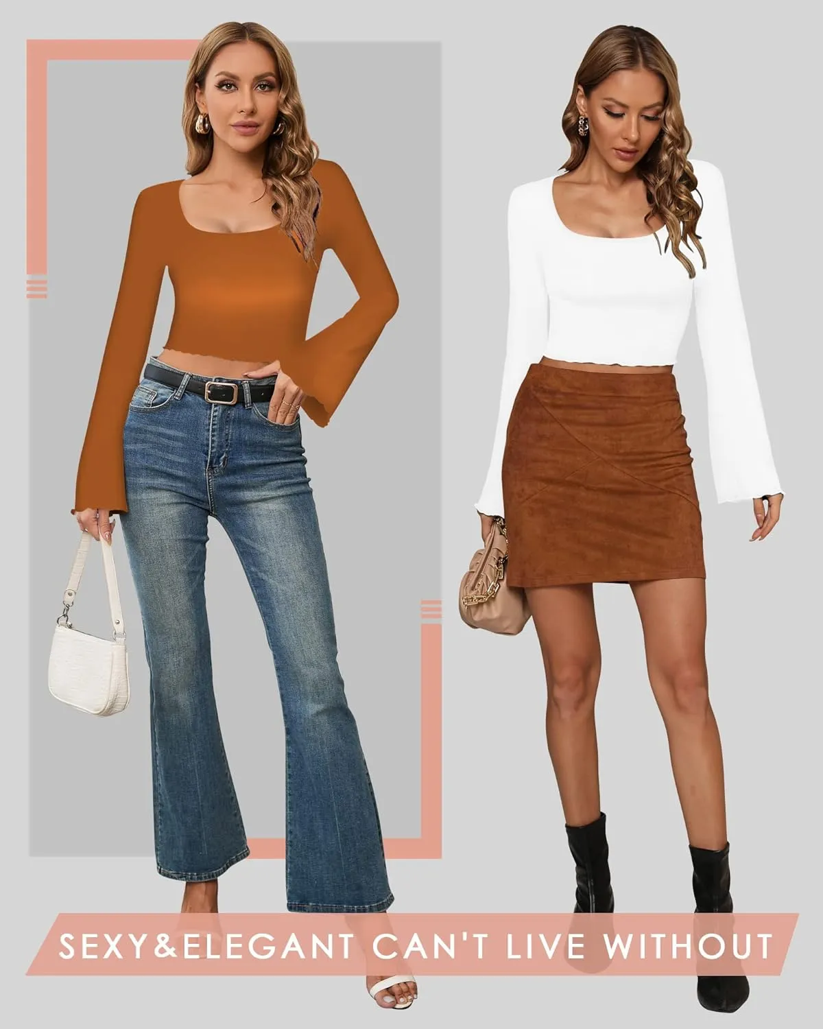 CLOZOZ Crop Tops for Women Square Neck Long Bell Sleeve Tops Lettuce Trim Crop Top Slim Fitted Blouse Sexy Tops for Women
