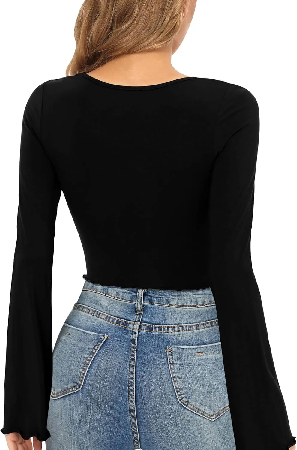 CLOZOZ Crop Tops for Women Square Neck Long Bell Sleeve Tops Lettuce Trim Crop Top Slim Fitted Blouse Sexy Tops for Women