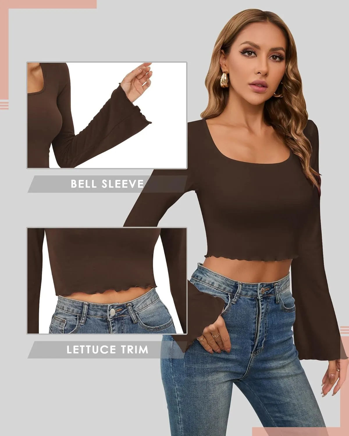 CLOZOZ Crop Tops for Women Square Neck Long Bell Sleeve Tops Lettuce Trim Crop Top Slim Fitted Blouse Sexy Tops for Women