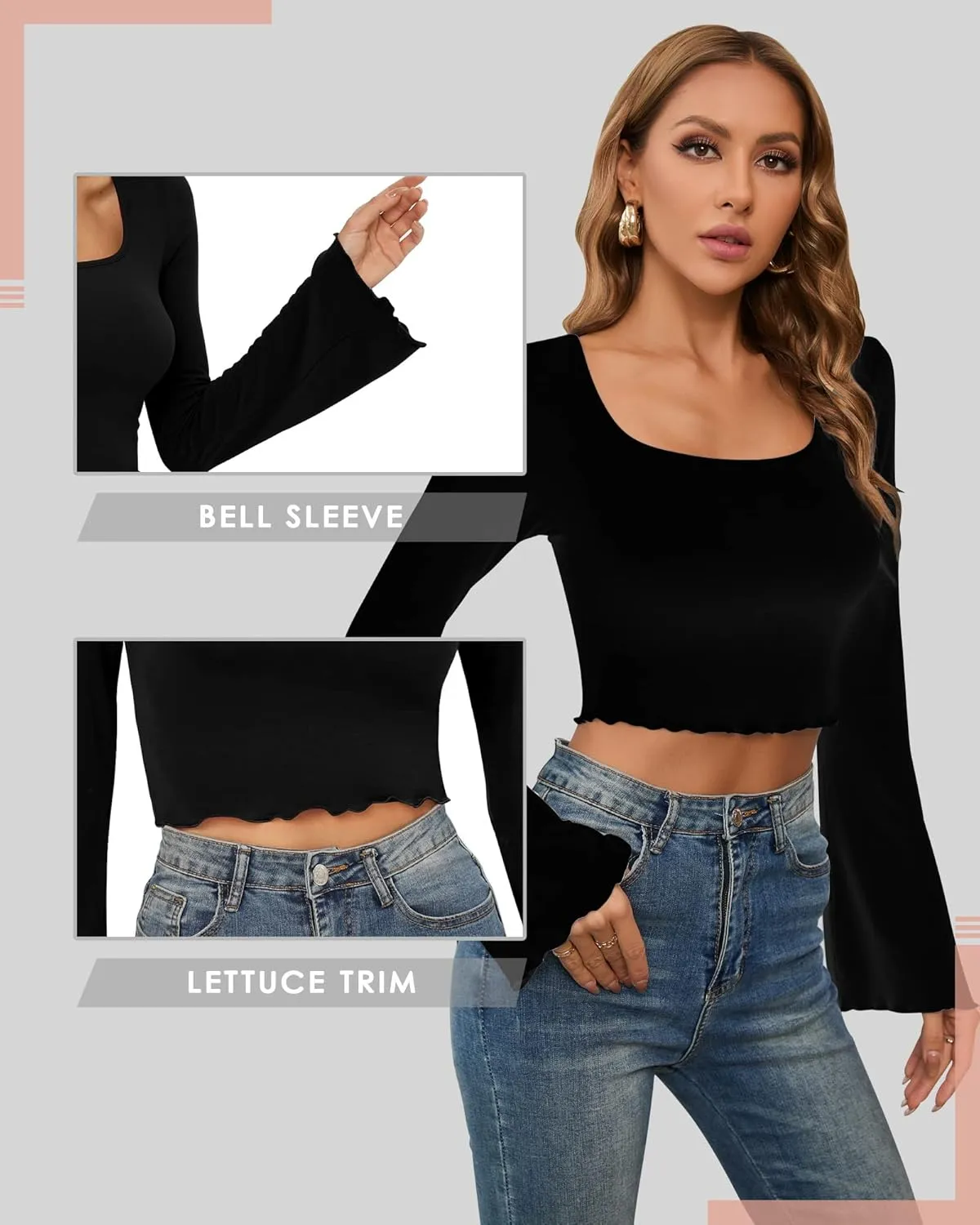 CLOZOZ Crop Tops for Women Square Neck Long Bell Sleeve Tops Lettuce Trim Crop Top Slim Fitted Blouse Sexy Tops for Women