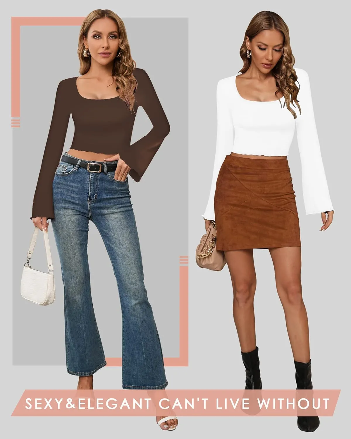 CLOZOZ Crop Tops for Women Square Neck Long Bell Sleeve Tops Lettuce Trim Crop Top Slim Fitted Blouse Sexy Tops for Women
