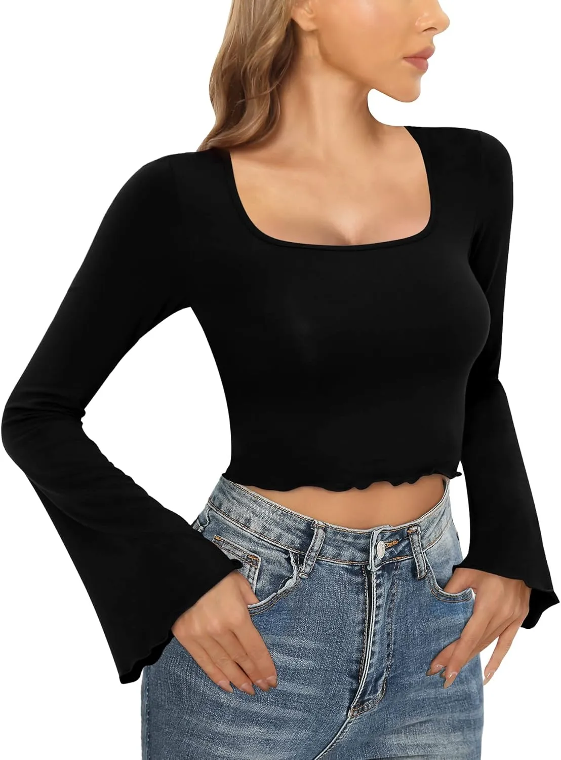 CLOZOZ Crop Tops for Women Square Neck Long Bell Sleeve Tops Lettuce Trim Crop Top Slim Fitted Blouse Sexy Tops for Women