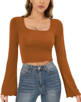 CLOZOZ Crop Tops for Women Square Neck Long Bell Sleeve Tops Lettuce Trim Crop Top Slim Fitted Blouse Sexy Tops for Women