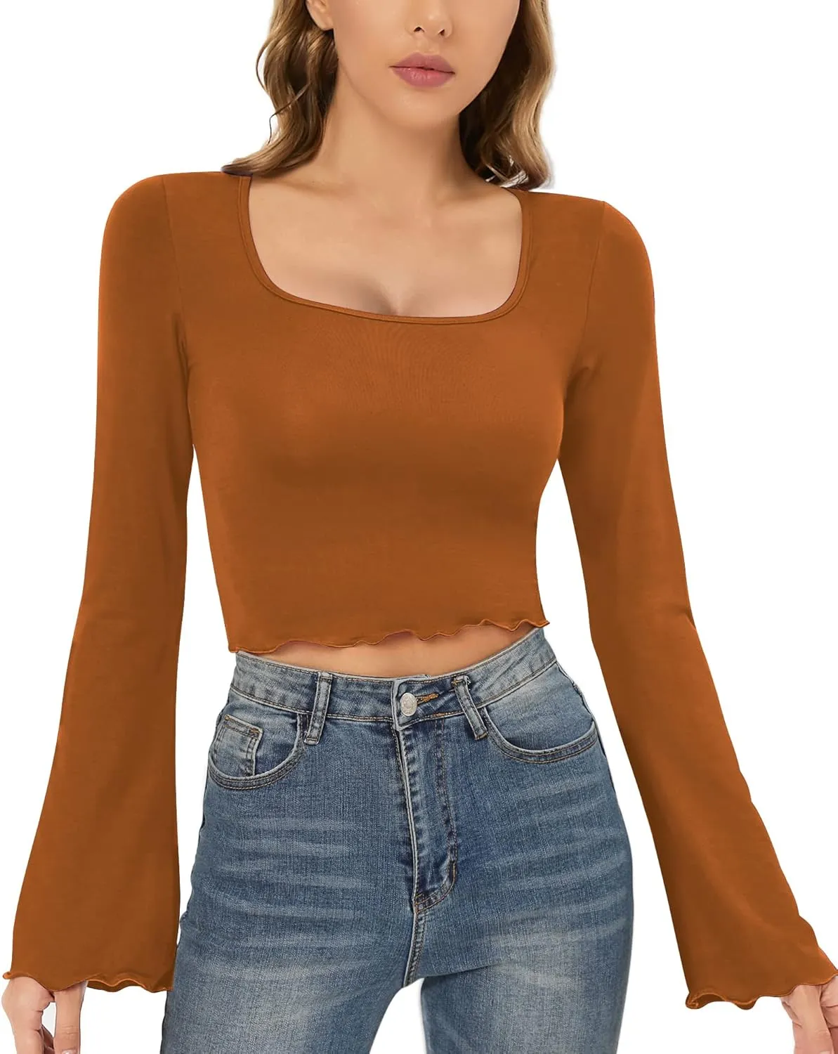 CLOZOZ Crop Tops for Women Square Neck Long Bell Sleeve Tops Lettuce Trim Crop Top Slim Fitted Blouse Sexy Tops for Women