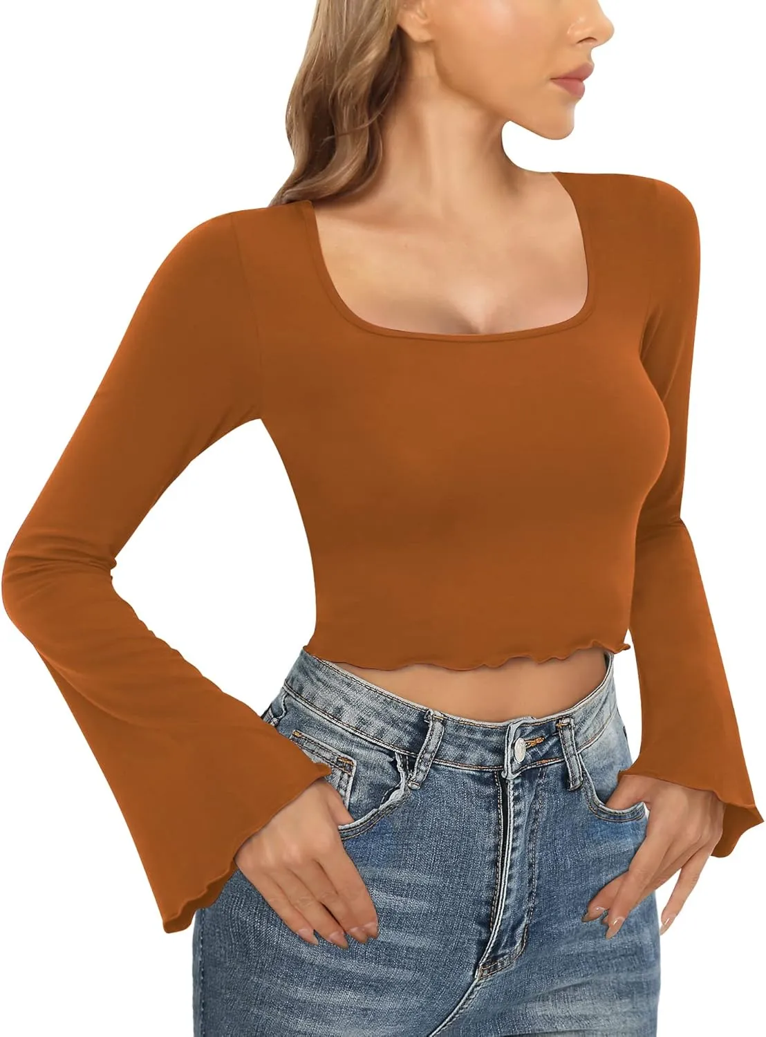 CLOZOZ Crop Tops for Women Square Neck Long Bell Sleeve Tops Lettuce Trim Crop Top Slim Fitted Blouse Sexy Tops for Women