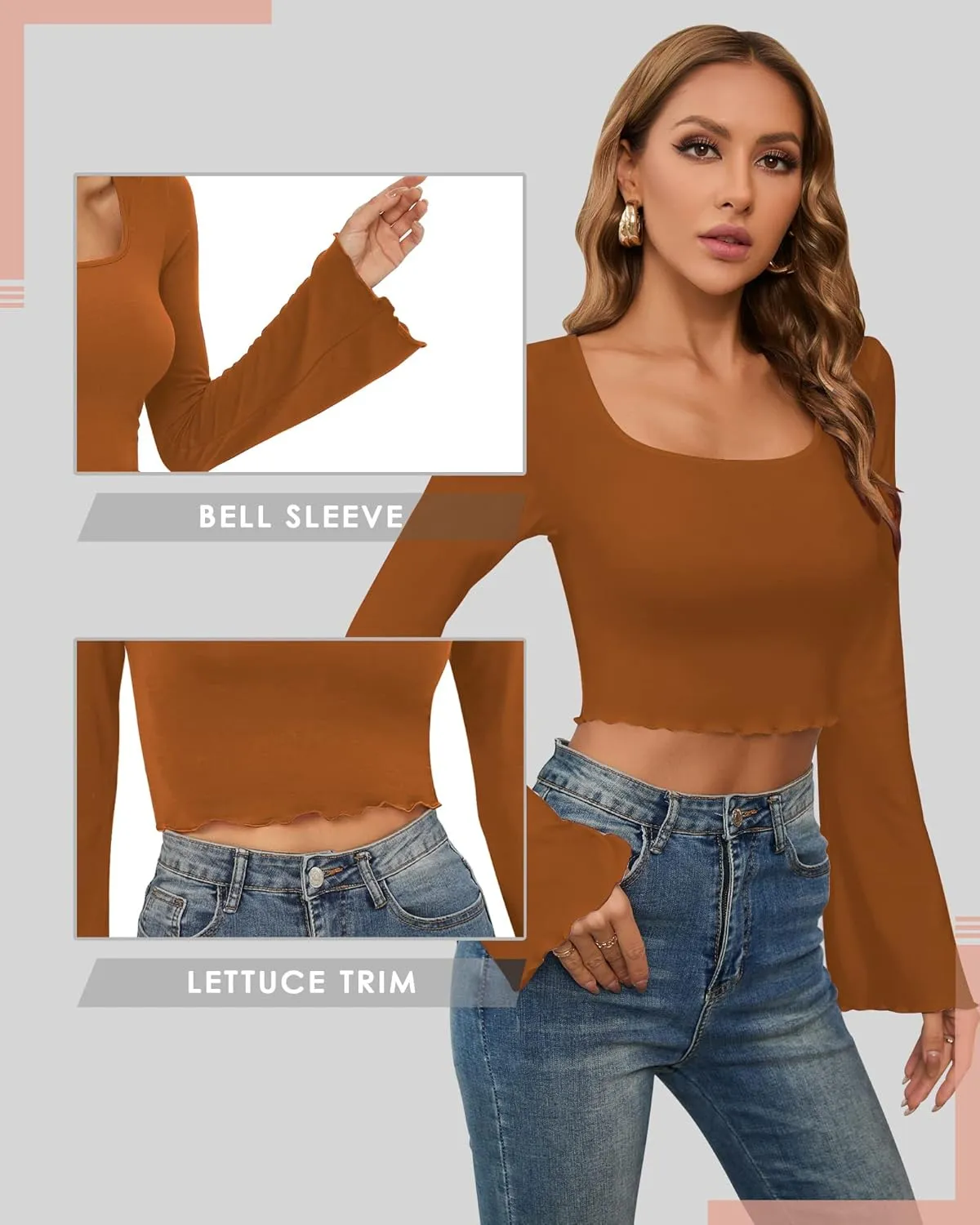 CLOZOZ Crop Tops for Women Square Neck Long Bell Sleeve Tops Lettuce Trim Crop Top Slim Fitted Blouse Sexy Tops for Women