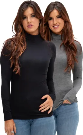 DEVOPS Womens 2 Pack Long Sleeve Mock Turtleneck Stretch Fitted Thermal Underlayer Shirts