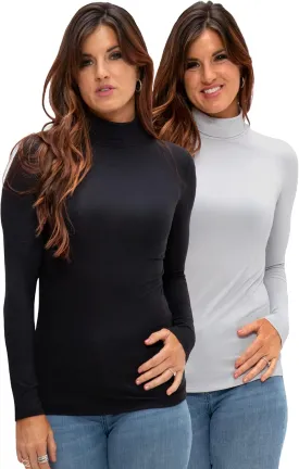 DEVOPS Womens 2 Pack Long Sleeve Mock Turtleneck Stretch Fitted Thermal Underlayer Shirts