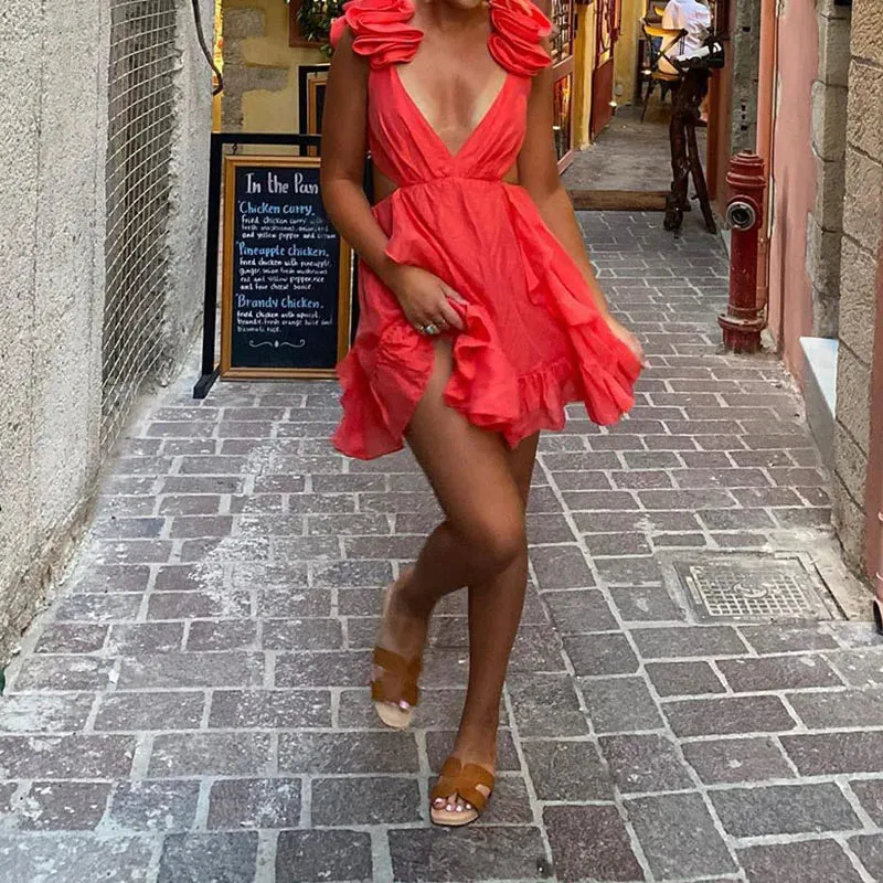Floral Shoulder V-neck High Street Waist Hollow Hem Mini Elegant Sexy Dress
