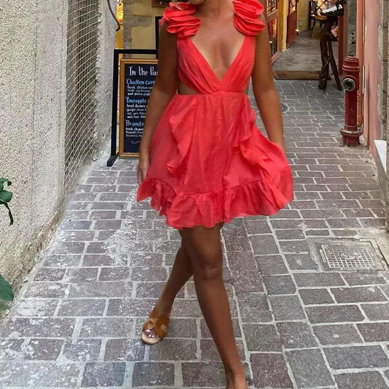 Floral Shoulder V-neck High Street Waist Hollow Hem Mini Elegant Sexy Dress