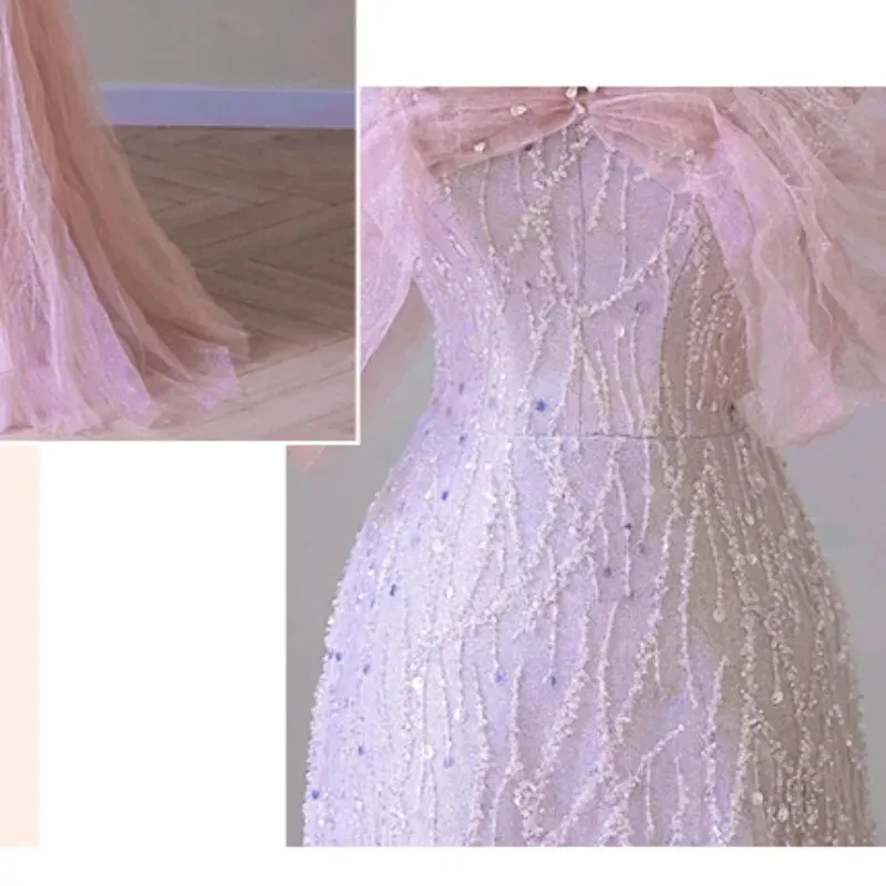 Girlary Elegant Boat Neck Pink Formal Pearl Evening Dress 2024 Sweet Bow Quinceanera Dress Beading Banquet Party Dresses Vestidos