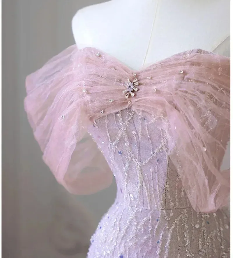Girlary Elegant Boat Neck Pink Formal Pearl Evening Dress 2024 Sweet Bow Quinceanera Dress Beading Banquet Party Dresses Vestidos