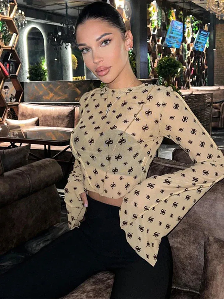Graphic Neck Femme O Long Casual Crop See Through Sleeve Street Loose Mesh Top