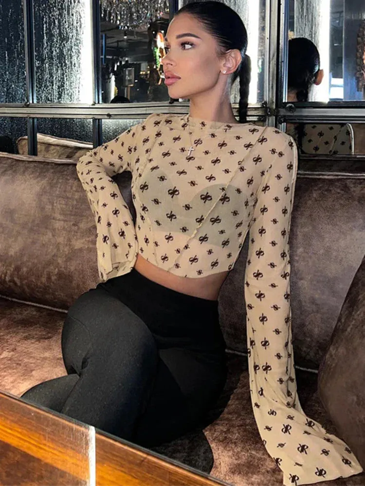 Graphic Neck Femme O Long Casual Crop See Through Sleeve Street Loose Mesh Top