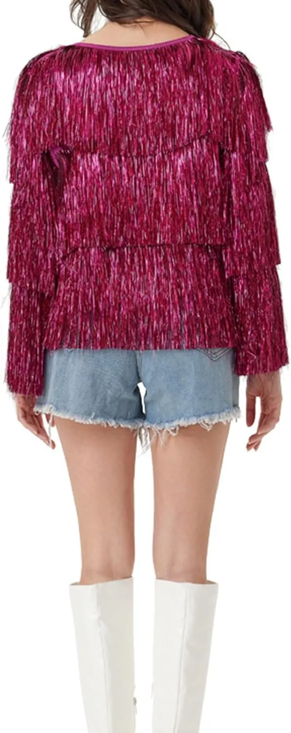 HGps8w Cropped Sequin Fringe Jackets for Women Sparkly Tassels Long Sleeve Open Front Outerwear Y2K Streetwear