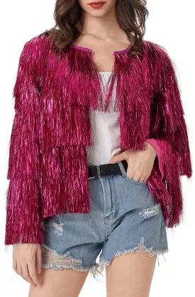 HGps8w Cropped Sequin Fringe Jackets for Women Sparkly Tassels Long Sleeve Open Front Outerwear Y2K Streetwear