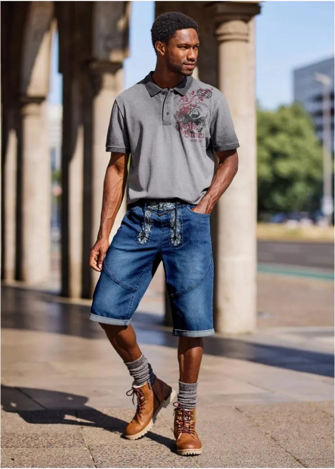John Baner Jeanswear Regular Fit Stretch Denim Shorts with Embroidery, Blue