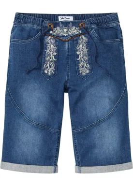John Baner Jeanswear Regular Fit Stretch Denim Shorts with Embroidery, Blue