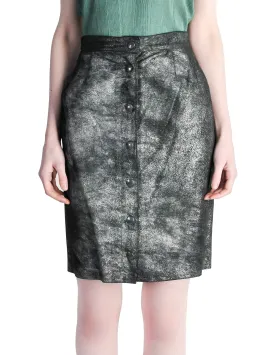 Krizia Vintage Black and Silver Metallic Leather Pencil Skirt