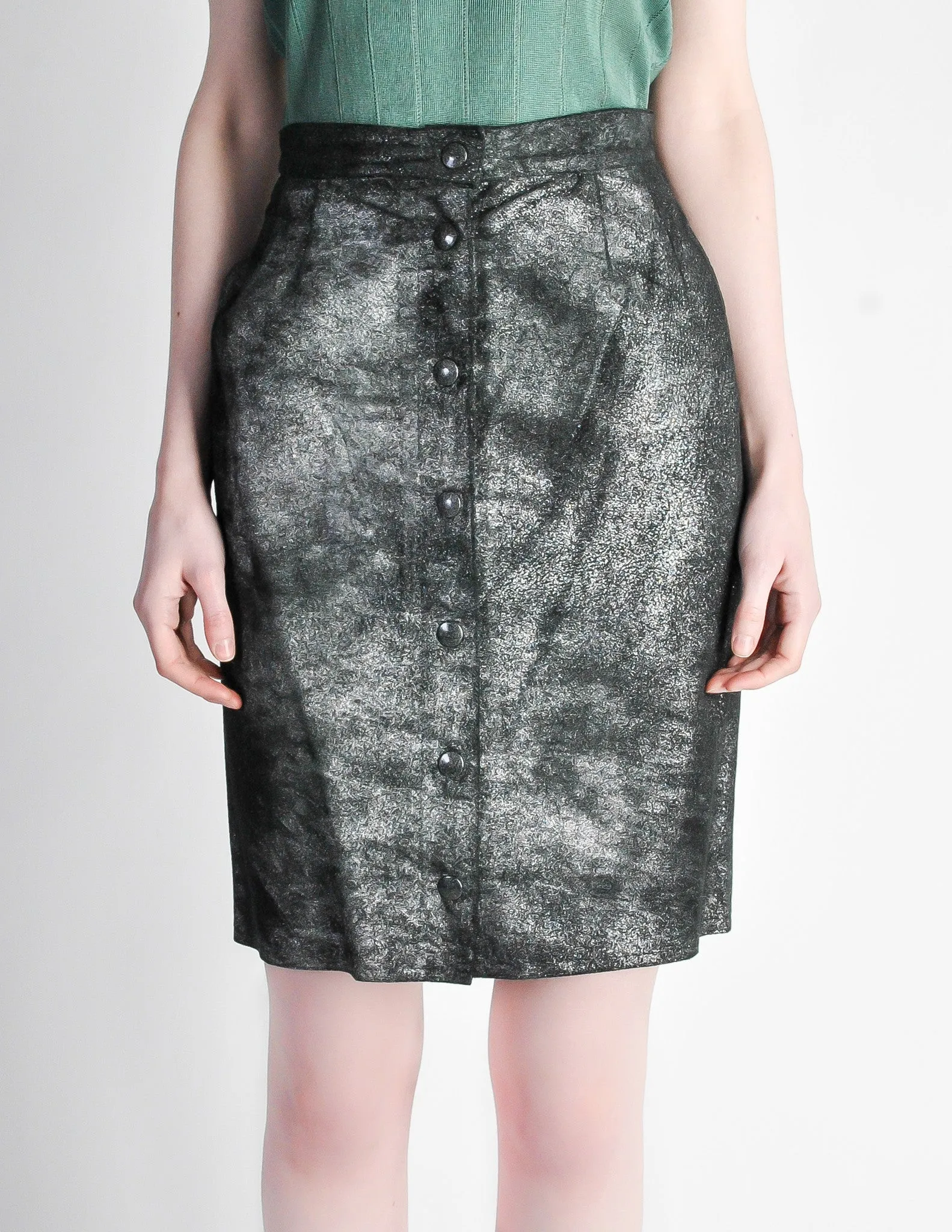Krizia Vintage Black and Silver Metallic Leather Pencil Skirt