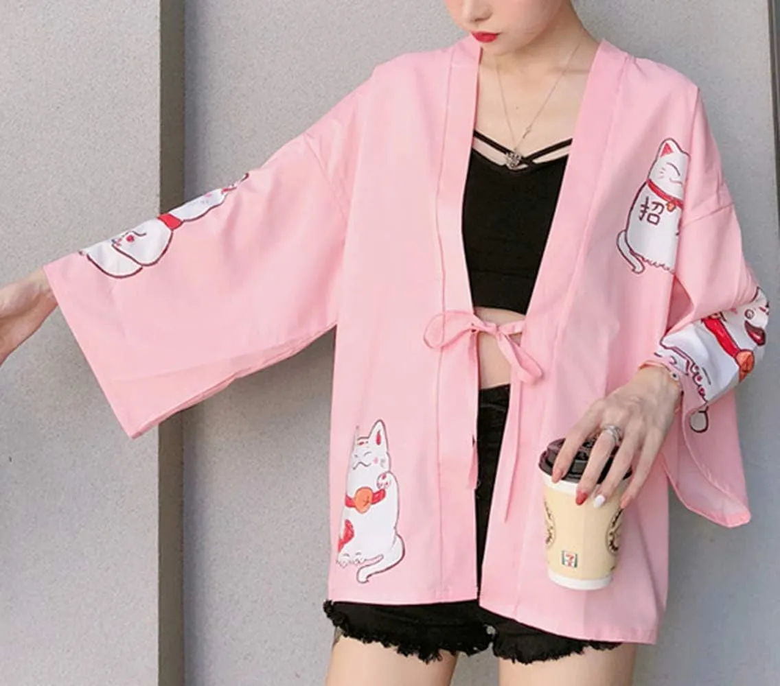 LAI MENG FIVE CATS Women's Loose Floral Print Kimono Cover up Cardigan Casual Blouse Tops