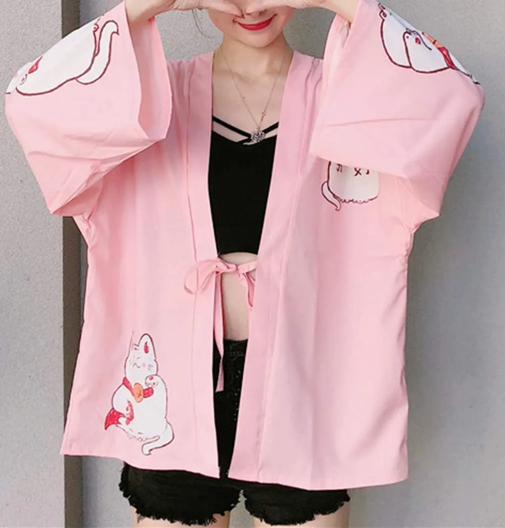 LAI MENG FIVE CATS Women's Loose Floral Print Kimono Cover up Cardigan Casual Blouse Tops