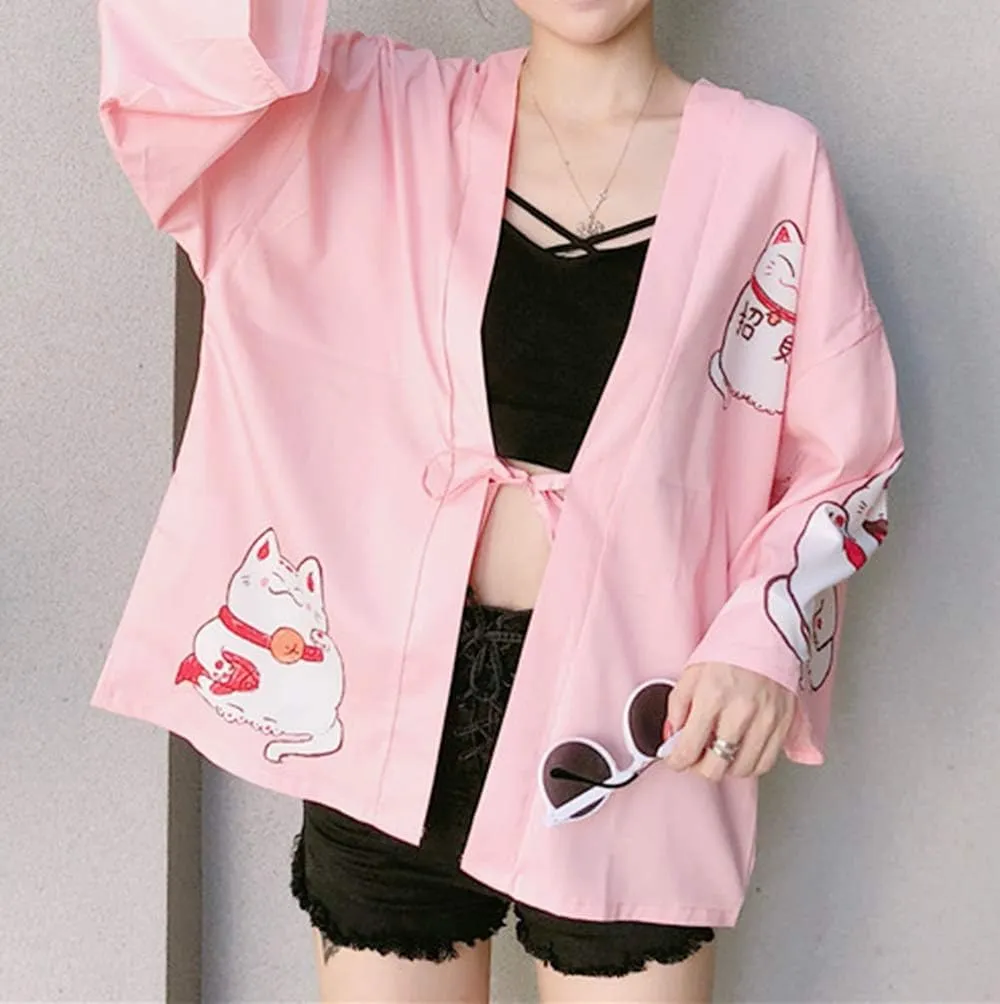 LAI MENG FIVE CATS Women's Loose Floral Print Kimono Cover up Cardigan Casual Blouse Tops