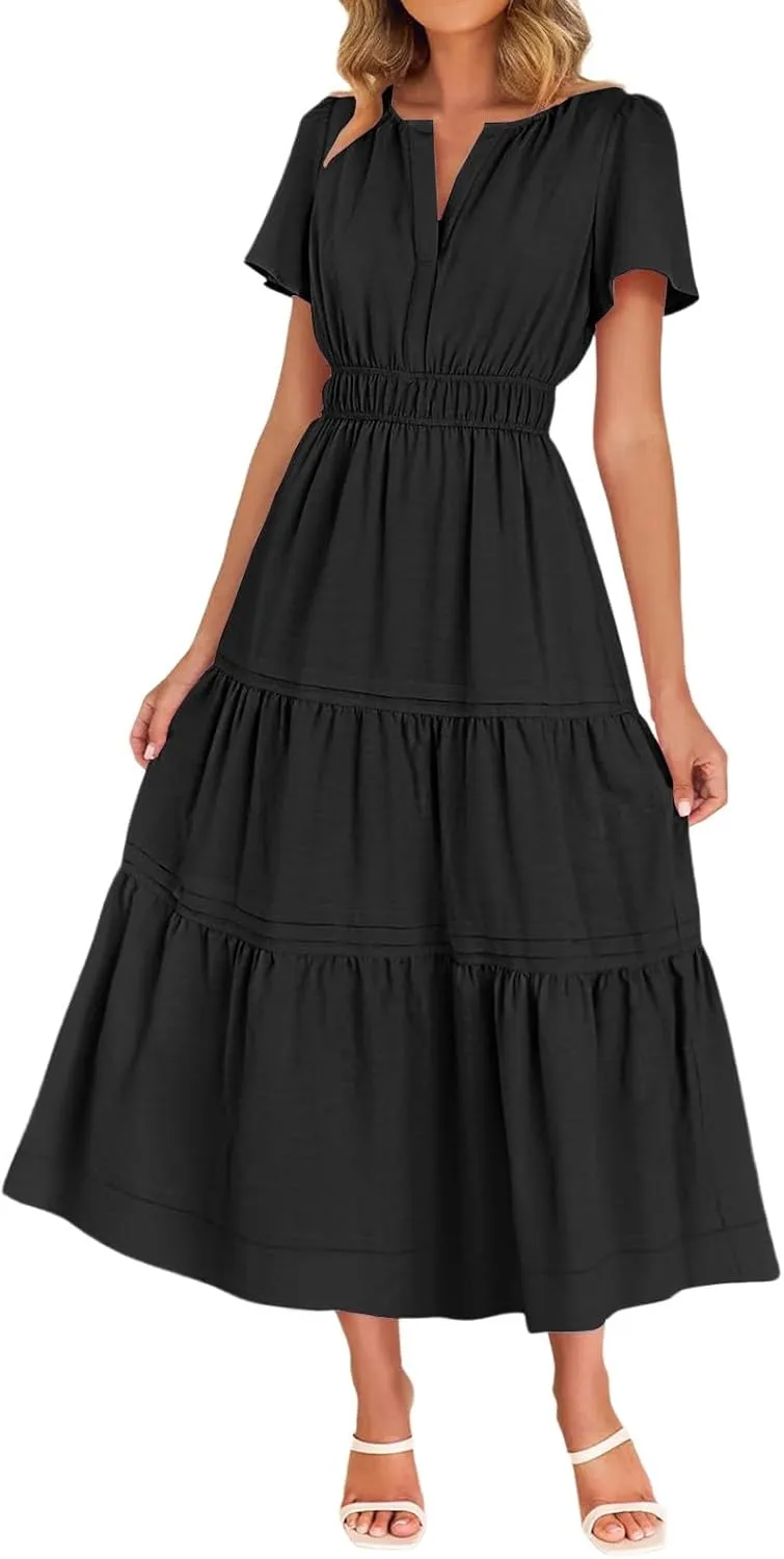 Linen Dresses for Women 2025,Flowy Pleated T Shirt Modest Maxi Dresses Trendy Cute Beach Vacation A Line Sundresses