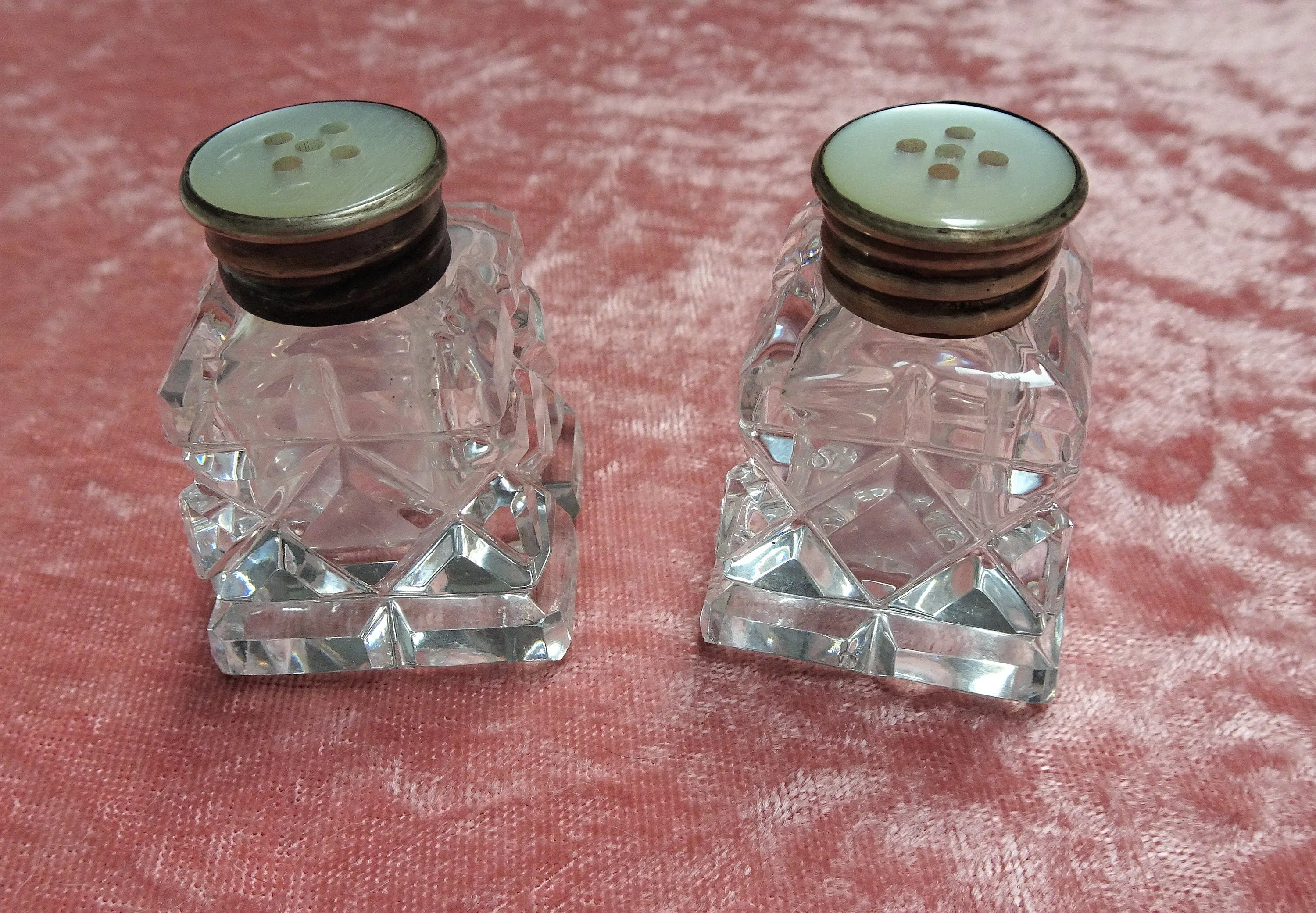LOVELY Antique Cut Crystal Salt and Pepper Shakers,Silver and Mother of Pearl Tops,Elegant Dining,Wedding Gift,House Warming Gift