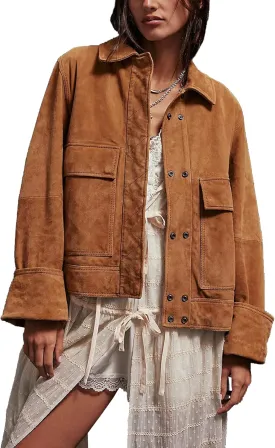 Lumister Faux Suede Jacket Women Casual Oversized Button Down Leather Bomber Jacket with Pocket Trendy 2025
