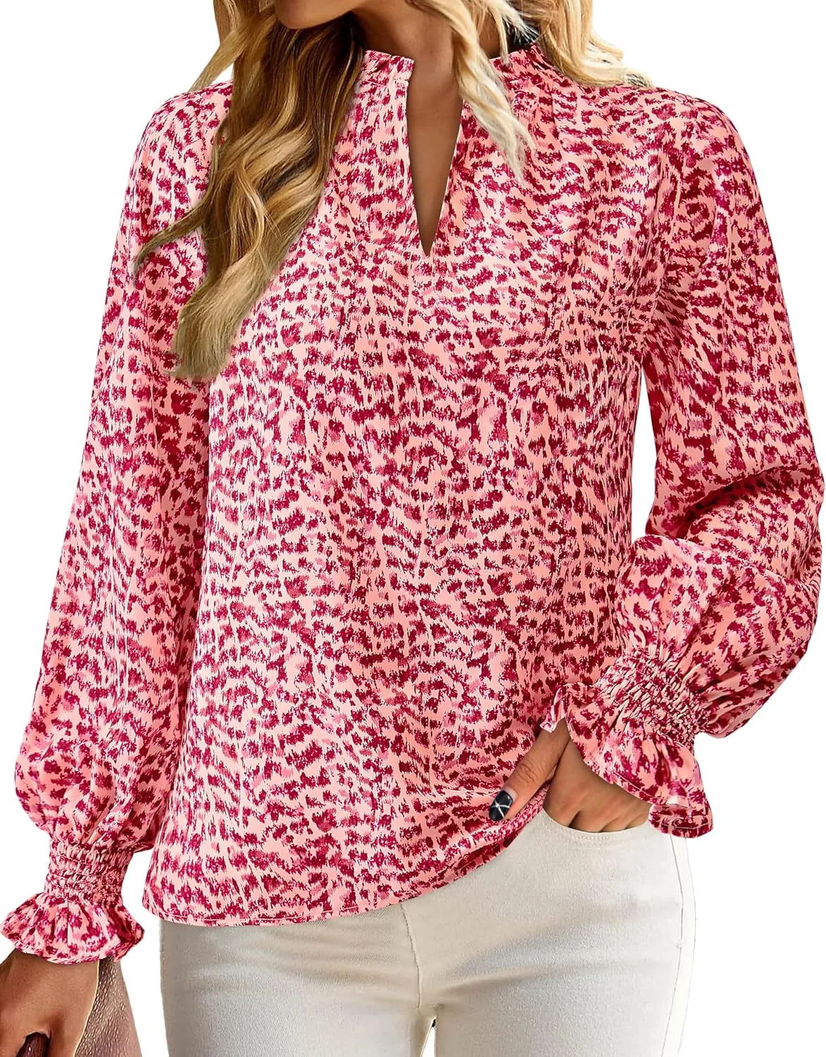 MASCOMODA Casual Spring Summer Chiffon Puff V Neck Trendy Tops for Womens 2025 Floral Dressy Long Sleeve Blouses Work Shirts