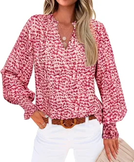 MASCOMODA Casual Spring Summer Chiffon Puff V Neck Trendy Tops for Womens 2025 Floral Dressy Long Sleeve Blouses Work Shirts