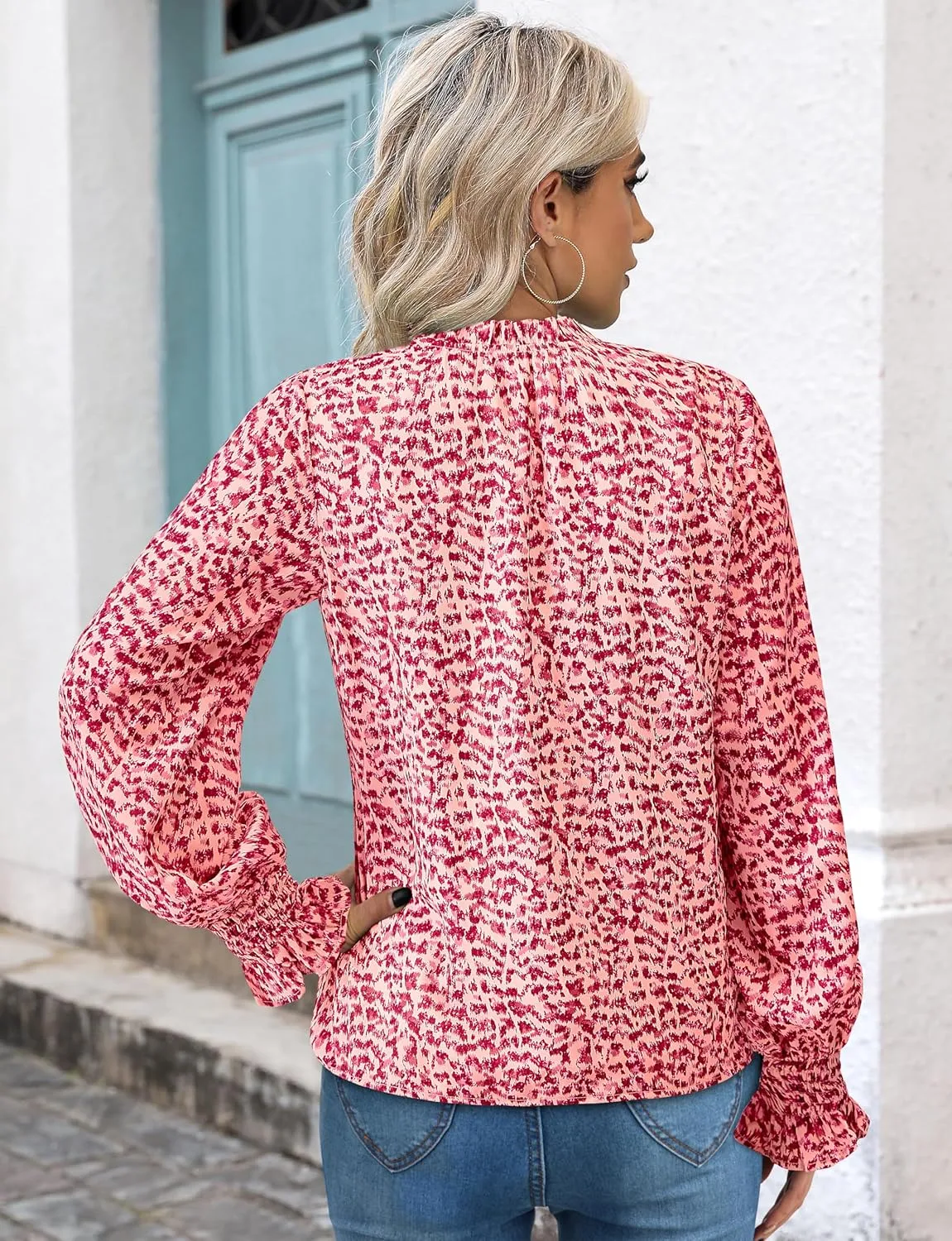 MASCOMODA Casual Spring Summer Chiffon Puff V Neck Trendy Tops for Womens 2025 Floral Dressy Long Sleeve Blouses Work Shirts