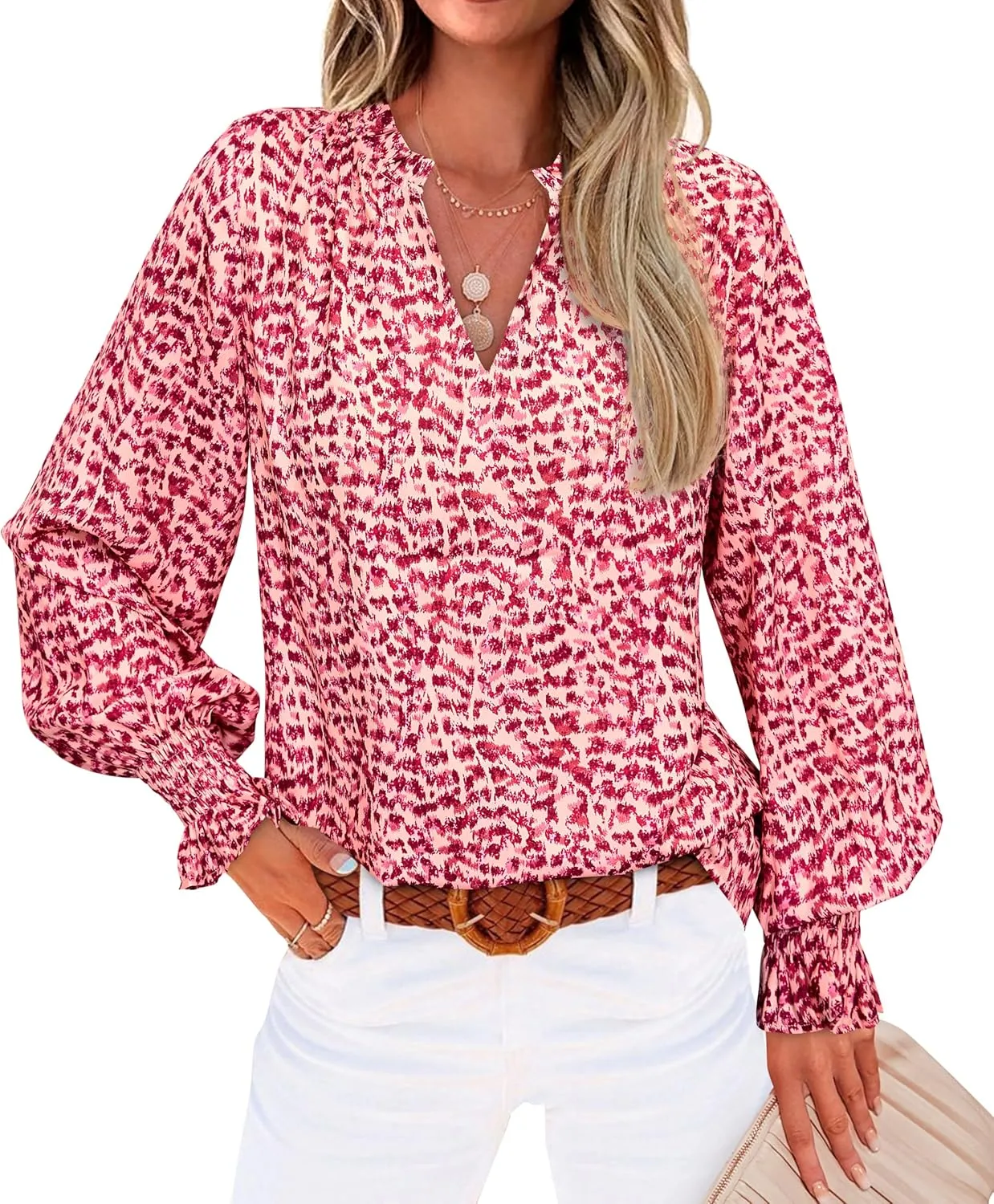 MASCOMODA Casual Spring Summer Chiffon Puff V Neck Trendy Tops for Womens 2025 Floral Dressy Long Sleeve Blouses Work Shirts