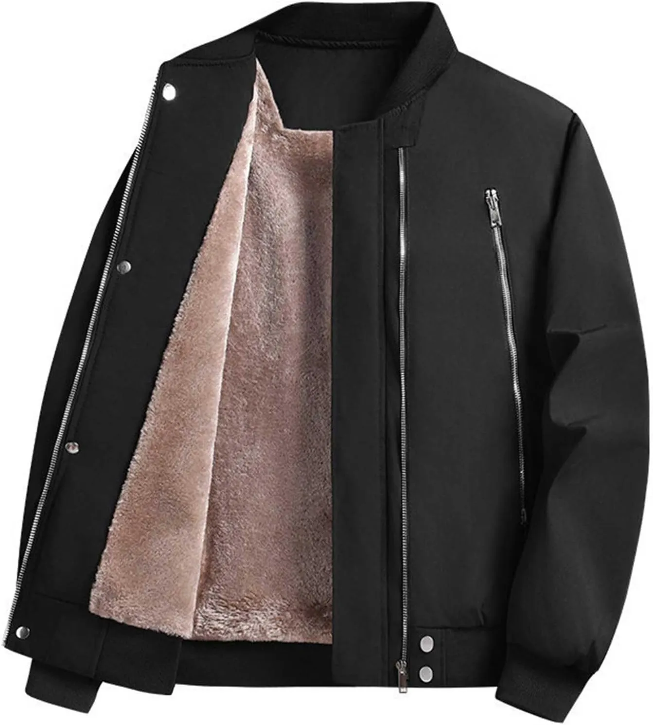 Mens Bomber Jacket Fleece Lined Coat with Pocket Zip Up Windbreaker Long Sleeve Tactical Jacket Thermal Hiking Jacket