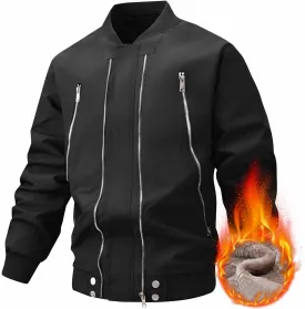 Mens Bomber Jacket Fleece Lined Coat with Pocket Zip Up Windbreaker Long Sleeve Tactical Jacket Thermal Hiking Jacket