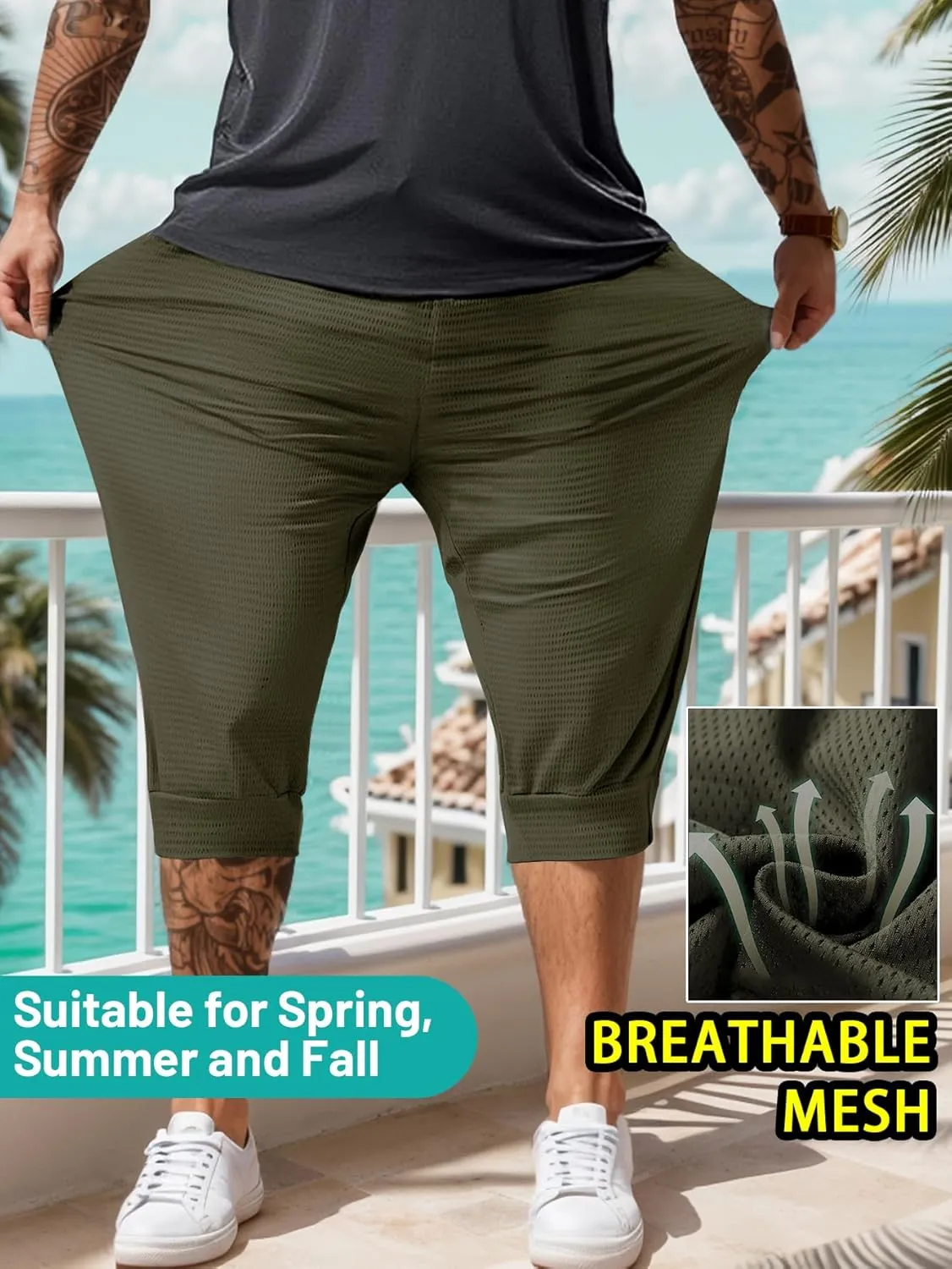 Men's Capri Pants 3/4 Long Jogger Sport Shorts,Workout/Gym/Yoga/Beach Shorts Quick Dry with Zipper Pockets