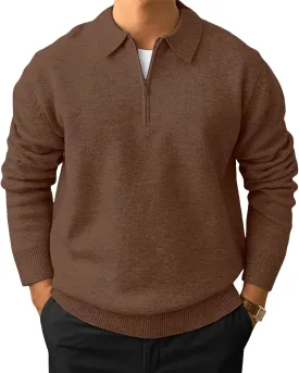 Men's Casual Knit Polo Sweater Classic Long Sleeve Thermal Basic Zip Collar Shirts