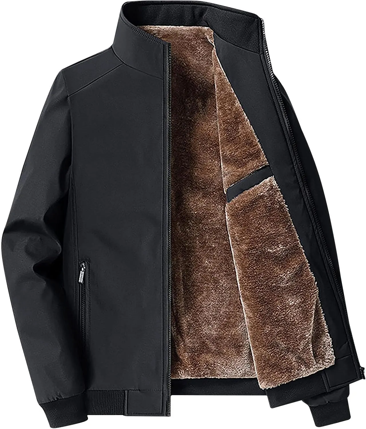 Mens Fashion Plush Thick Jacket Winter Fleece Lined Warm Coat Stand Collar Zipper Pocket Parka Work Cargo Windbreaker