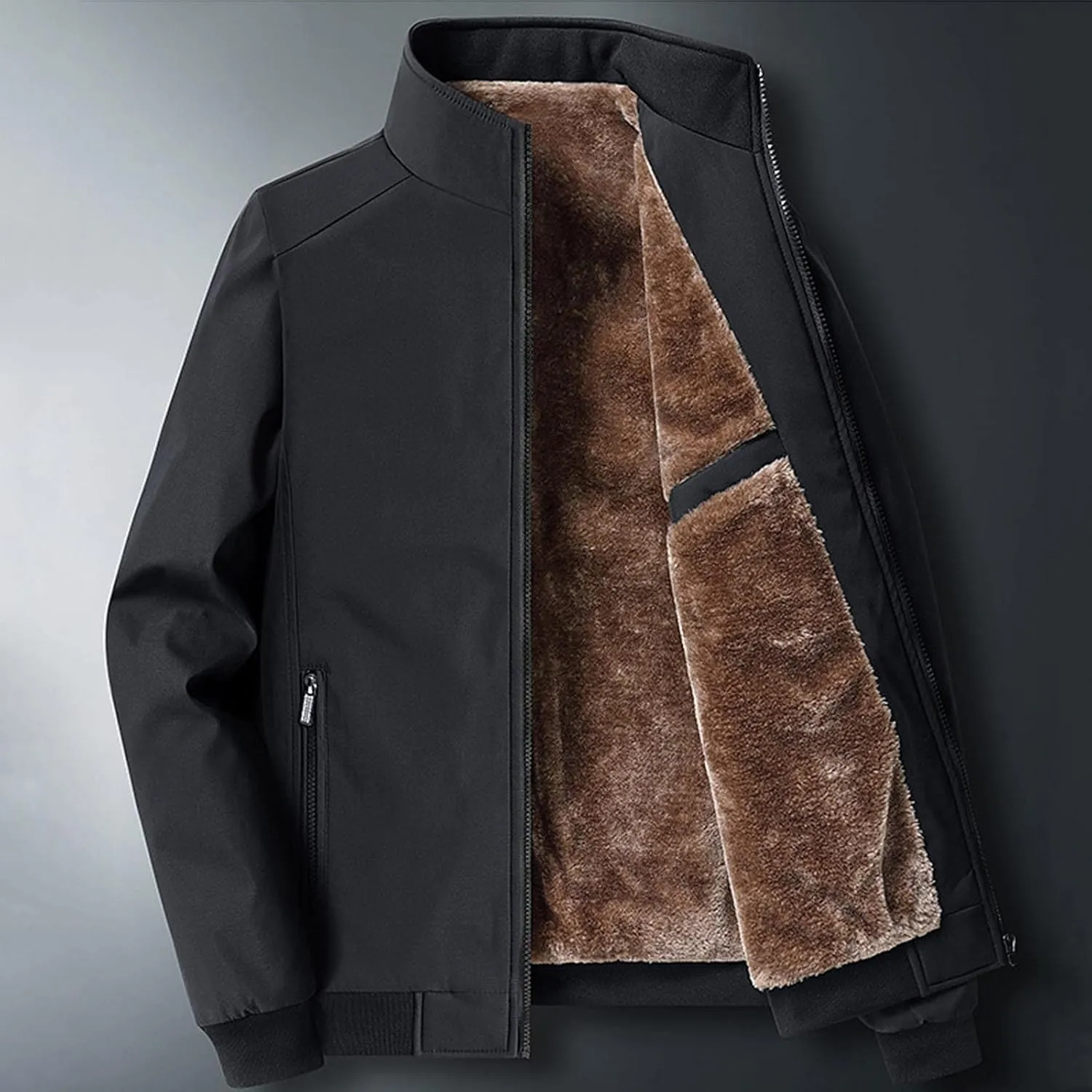 Mens Fashion Plush Thick Jacket Winter Fleece Lined Warm Coat Stand Collar Zipper Pocket Parka Work Cargo Windbreaker